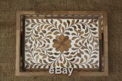 Wood Wooden Tray Floral Inlay Antique Handmade Vintage