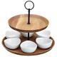 Wooden 2 Tier Finger Food Tapas Cheese Fruits SERVING TRAY SETS 6 Porcelain BOWL