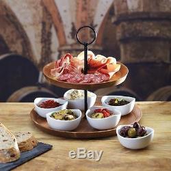 Wooden 2 Tier Finger Food Tapas Cheese Fruits SERVING TRAY SETS 6 Porcelain BOWL