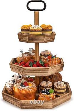 Wooden 3 Stand Tiered Serving Tray for Fruits Desserts with Metal Black Handle