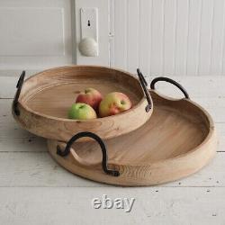 Wooden Abrams Industrial Serving Tray With Metal Handles Round Set of 2 Asst Sizes