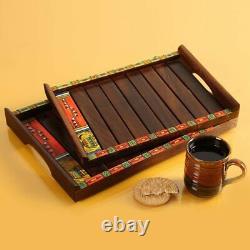 Wooden Beverages & Snacks Serving Tray (35.3x24.9x3.8cm) Pack Of 2-Dark Brown