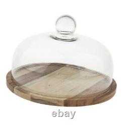 Wooden Flat Round Wood Server Cake Stand Plate Tray with Glass Dome with Lid