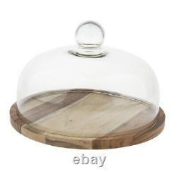Wooden Flat Round Wood Server Cake Stand Plate Tray with Glass Dome with Lid