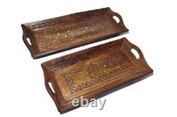 Wooden Hand carved Coffee, Tea and Snacks Serving Trays Set of 2 Piece