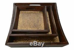 Wooden Handcrafted Brass Fitted Serving tray set of three