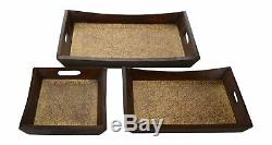 Wooden Handcrafted Brass Fitted Serving tray set of three