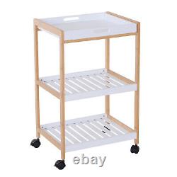 Wooden Kitchen Cart Serving Tray Storage Trolley Slatted Shelves White Oak Tone