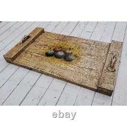 Wooden Rustic Printed serving Tray with metal Handle wooden Rectangle Platter