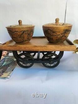 Wooden'Thela' Cart Tray Snack Platter With Movable Wheels Tableware for Home
