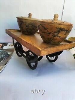 Wooden'Thela' Cart Tray Snack Platter With Movable Wheels Tableware for Home
