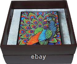 Wooden Tray with Drawer Kitchen Use or Home Décor Colorful Peacock Brown