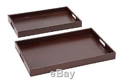 Woodland Imports The Suave Wood Real Leather 2 Piece Serving Tray Set