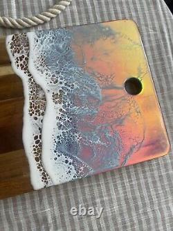 XL Holographic Ocean Waves Charcuterie Board Serving Board Seascape Acacia Wood
