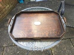 X Large Vintage Oak & Brass Serving Tray Butler's Tray Brass Plaques Handles