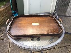 X Large Vintage Oak & Brass Serving Tray Butler's Tray Brass Plaques Handles