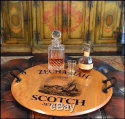 Zechariah Scotch Barrel Head Serving Tray with Wrought Iron Handles, Home or Bar